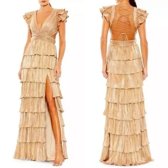 Mac Duggal Size 0 Gold Ruffle‎ Tiered Corset Back Lace Up Gown Long Maxi Dress